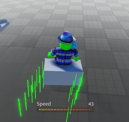 My Roblox character driving a part with green neon rods at each corner to visualize raycast validation